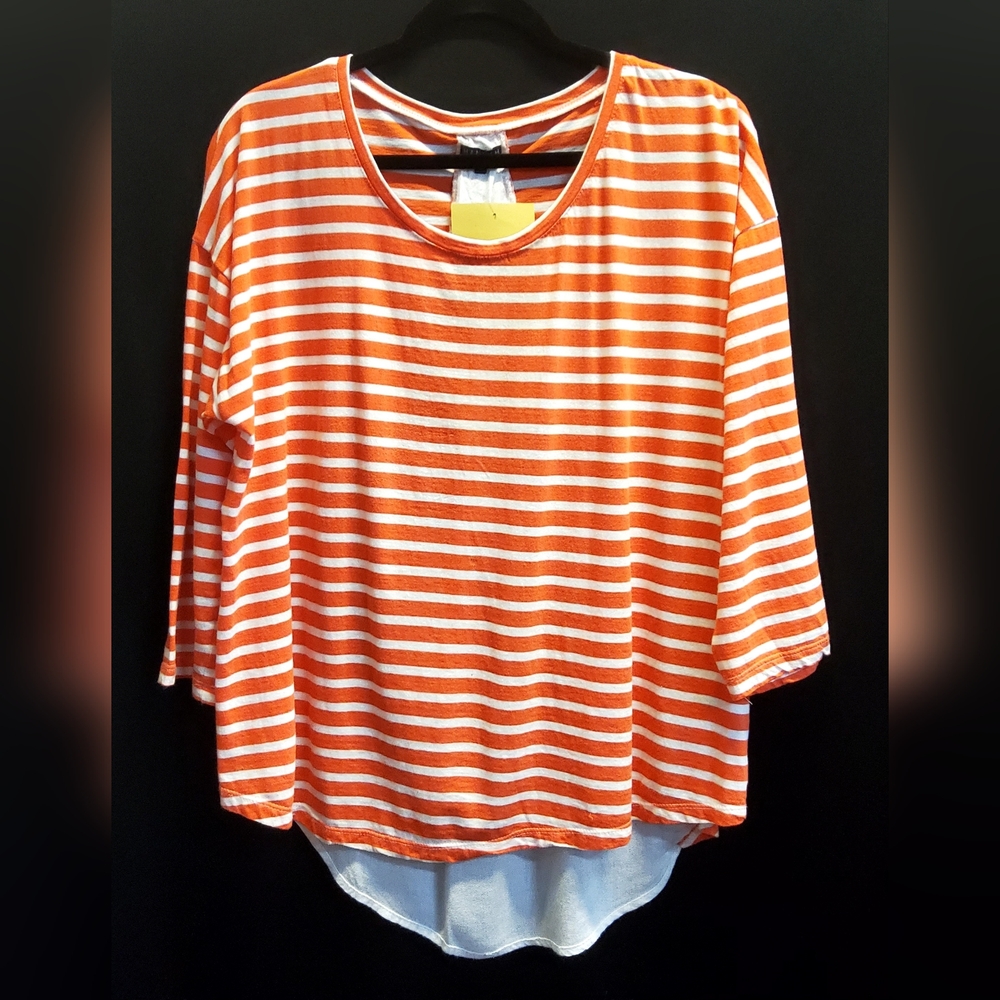 Hannah - Orange/Wht strip, scoop neck l/s with wht accent tie back blouse.